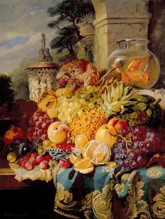 a painting of fruit and flowers in a vase on a table