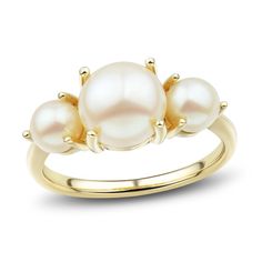 Three lustrous freshwater cultured pearls measuring approximately 8-8.5mm nestle elegantly along the top of this stunning women's ring, fashioned in shimmering 14K yellow gold. High Luster Pearl Ring For Anniversary, Yellow Gold Pearl Drop Ring, 14k Yellow Gold Pearl Ring With Pearl Drop, 14k Yellow Gold Rings With Pearl Charm, Elegant Yellow Gold Pearl Ring With Polished Finish, 14k Yellow Gold Polished Pearl Ring, Cultured Pearl Ring, Jared The Galleria Of Jewelry, Wrist Jewelry