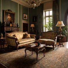 a living room filled with furniture and a chandelier