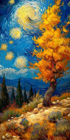 an oil painting of a tree with yellow leaves and the night sky in the background