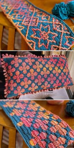 three pictures show the same color and pattern as they appear in this crocheted scarf