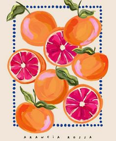 a painting of oranges and grapefruits on a white background