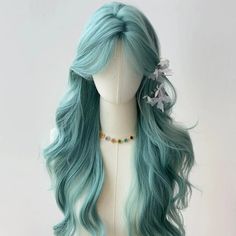 Mint Blue Green Wig Women's Split Octagonal bangs large waves long curly hair natural simulation wig Mermaid Things, Curly Hair Natural, Large Waves, Green Wig, Mint Blue, Long Curly Hair, Cosplay Wig, Hair Natural, Long Curly