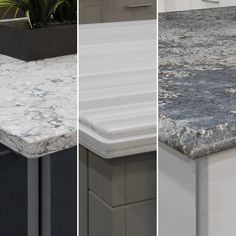 three different types of granite counter tops in various styles and colors, including white or grey