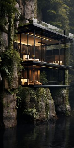 a house built into the side of a cliff next to a body of water with trees on both sides