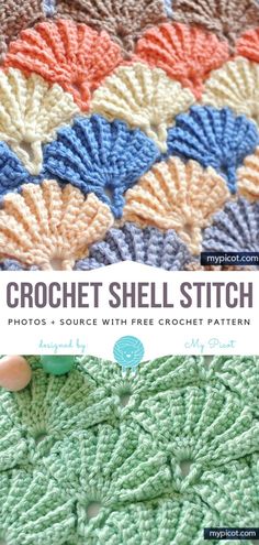 the crochet shell stitch pattern is shown in two different colors