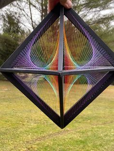 someone is holding up a colorful kite in the air with grass and trees behind it