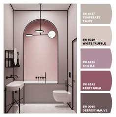 the bathroom is painted in shades of pink and grey