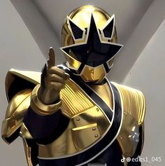 an animated image of a man dressed in gold armor and pointing to the side with his right hand