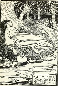 a black and white drawing of a woman in the woods, with her head down