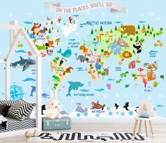 a child's room with a map of the world