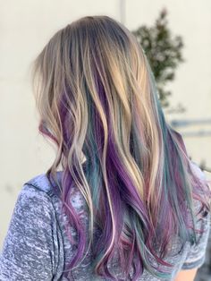 Curly Hair Hidden Color, Purple And Blue Streaks In Blonde Hair, Hair Fun Colors, Purple And Teal Hair Highlights, Purple And Teal Highlights Blonde Hair, Purple Hair Bottom Half, Purple And Teal Hair Peekaboo, Purple And Blue Hair Highlights Peekaboo Color, Blonde Teal Hair