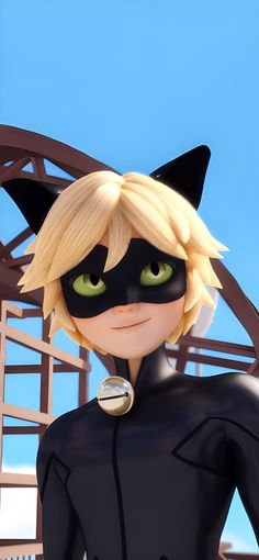 an animated catwoman with green eyes standing in front of a bridge and looking at the camera