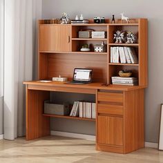 a wooden desk with bookshelf and shelves on it in front of a window