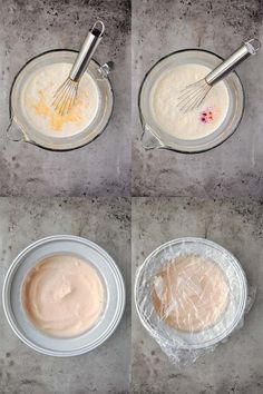 four bowls with different ingredients in them on top of a cement surface, one being whisked and the other being mixed