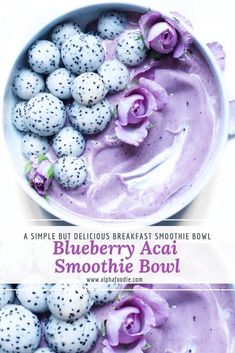 blueberry acai smoothie bowl with flowers in it