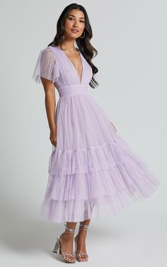 Jiraye Midi Dress - Flutter Sleeve Tuelle Plunge Dress in Lilac | Showpo USA Lilac Cocktail Dress, Tulle Wedding Guest Dress, Lilac Wedding Guest Dress, Short Lilac Dress, Wedding Guest Dress Purple, Purple Wedding Guest Dress, Flowy Purple Dress, Graduation Guest Outfit Ideas, Purple Dress Formal