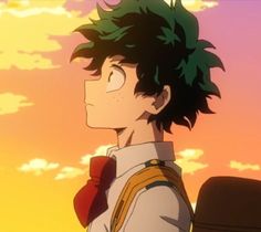 an anime character with green hair looking off into the distance in front of a sunset