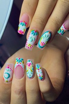 Step into the spotlight with this intricate 3D floral nail art, featuring a mix of vibrant colors and detailed patterns. This unique design pairs beautifully with a fresh fall haircut, offering a blend of elegance and creativity. Perfect for those who want to stand out, this manicure is both eye-catching and sophisticated, making it an excellent choice for any fall occasion. Mexican Nails, Style Nails, Latest Nail Trends, Floral Nail, Floral Nail Art, Nails 2024, Art Simple, 2024 Trends, Floral Nails