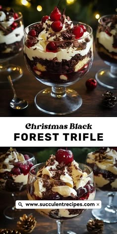 Celebrate the season with a luxurious Black Forest Trifle! Rich chocolate, sweet cherries, and whipped cream come together in this festive dessert that’s sure to be a hit at your Christmas gathering. Trifle Decoration Ideas, Cherry Chocolate Trifle, Black Forest Parfait, Chocolate Peppermint Trifle Recipe, Irish Trifle Dessert, Black Forest Cake Trifle, Black Forest Cherry Trifle, Cranberry Coconut Trifle, Black Forest Trifle Easy