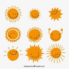 an orange sun with six different faces