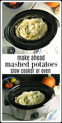 two pictures showing how to make mashed potatoes in the slow cooker or oven