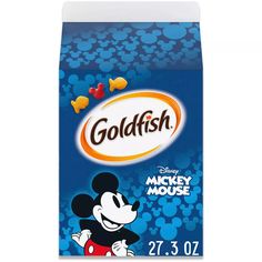 a carton of goldfish mickey mouse candy on a white background with blue dots