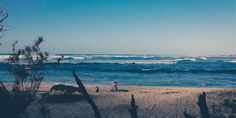 two people are sitting on the beach by the ocean and one person is standing in the sand