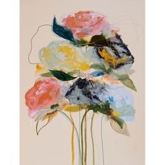 a painting of flowers in a vase on a white background with blue, yellow and pink colors