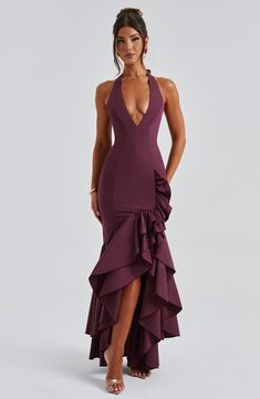 A stunning blend of elegance and charm, the Veronique maxi adds a captivating edge to your formal wardrobe this season. With its halter, plunge neckline and boning to the bodice to give a contoured, snatched shape to the figure, this design is elevated with a ruffle detail to the skirt. The look is complete with a playful, feminine split to the skirt. 



Colour: Cherry Lacquer.

Premium cotton blend fabric.

Fully lined.

Halter, plunge neckline.

Tie closure to back of the neck.

Boning in bodice.

Ruffle detail skirt.

Split in skirt.

Invisible zipper fastening.

Maxi length.

 Size: XS, S, M, L, XL, XXL Cherry Lacquer, Split Long Dress, Loungewear Dresses, Cherry Dress, Maxi Dress Sale, Eve Dresses, Maxi Dress Navy, Plunge Neckline, Formal Style