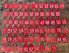 "Vintage plastic Red cow tag - number - antique plastic livestock ID tag - plastic bull tag - cattle tag - industrial number tag - rustic plastic number - table number PRICE is per piece Select the number that you want from the drop down menu These are all farm fresh and some show significant wear and others show little wear at all.   These are wonderful red plastic cow tags with some minor wear and marking.  These tags are  super heavy plastic with a number engraved on both sides that would hav Cattle Tags, Number Table, Industrial Farmhouse Decor, Cow Tag, Cow Ears, Number Tags, Steampunk Jewelry, Vintage Plastic, Vintage Stamps