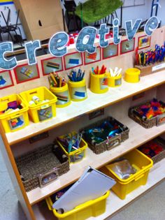 the shelves are filled with different types of art supplies