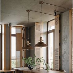 a dining room table with two lights hanging from it's ceiling and some potted plants on the counter