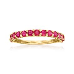 Ross-Simons - 1.10 ct. t. w. Ruby Ring in 14kt Yellow Gold. Size 7. An RS exclusive. Our rich, cinnamon-red 1.10 ct. t. w. round ruby ring is the perfect style for everyday stacking or solo wear. Crafted in polished 14kt yellow gold, it would also make a great July birthstone statement. 1/8" wide. Ruby ring. Ruby birthstones are the perfect gift for July birthdays. Ruby Stackable Ring, Ruby Ring Band, Yellow Gold Stackable Ruby Rings In Round Cut, Stackable 14k Gold Ruby Ring, Luxury Stackable 14k Gold Ruby Ring, 14k Gold Ruby Birthstone Ring, Fine Jewelry, Ruby Eternity Ring, 14k Gold Multi-stone Ruby Ring, Ruby Birthstone