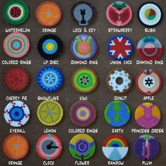 several different types of crocheted badges are shown