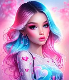 a painting of a girl with pink hair and blue eyes