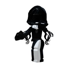 a black and white lego figure with long hair wearing a hoodie, standing in front of a white background