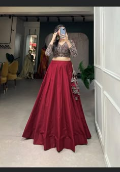 women's outfit|<women's lehenga choli|red maroon Lehenga With Plain Skirt, Plain Crop Top Designs For Lehenga, Plain Skirt And Crop Top Indian, Cherry Red Lehenga, Lehenga Blouse Designs Crop Tops, Top And Skirt Indian, Navratri Blouse Designs, Long Skirt Outfits Indian, Lehenga Choli Traditional