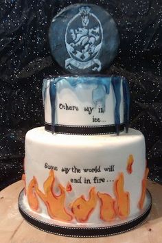 there is a cake that has fire and ice on it