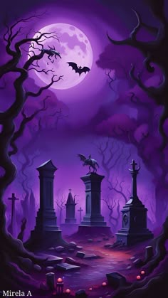 a halloween scene with tombstones and bats in the night sky by an old cemetery