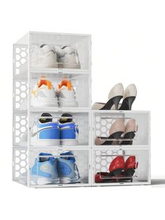 the shoe rack is filled with many pairs of shoes