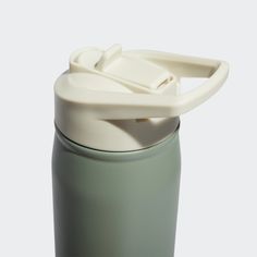 a green and white water bottle with a lid