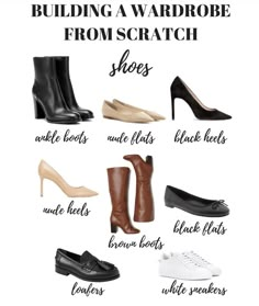 Professional Shoes Not Heels, Capsule Wardrobe Western, Must Have Shoes For Women Wardrobe, Capsule Shoe Wardrobe, Brown Flat Boots, Wardrobe From Scratch, Capsule Wardrobe Shoes, Building A Wardrobe, Minimalist Wardrobe Essentials