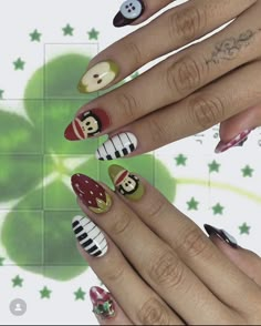 Smiling Friends Nails, Silly Nail Designs, Beabadoobee Nails, Paul Frank Nails, Maximalist Nails Short, Daria Nails, Fnaf Nails, Retro Nail Designs, Peace Sign Nails