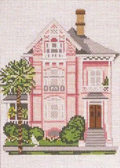 a pink house with trees and bushes on the front yard is featured in this cross stitch pattern