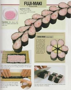 an advertisement for some kind of sushi with pink stuff in it's middle