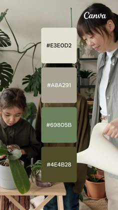 a woman and her child are looking at plants in their pots with the words canva below them