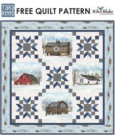 a quilt with farm scenes on it and snow covered ground in front of the barn