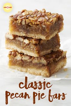 three pieces of pecan pie bars stacked on top of each other with text overlay