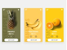 three vertical banners with different fruits and vegetables on the front one has an orange, pineapple, lemon, and banana